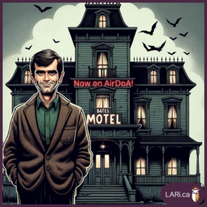 Cartoon: A creepy host resembling Norman Bates stands in front of a "Bates Motel". Above the sign in neon it reads "Now on AirDoA!"