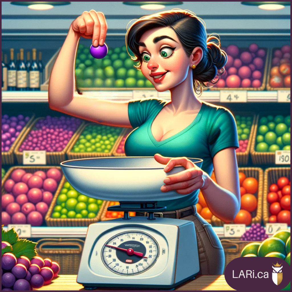 Inflating food prices in Canada: a cartoon woman places a single grape on a weigh scale in the grocery store