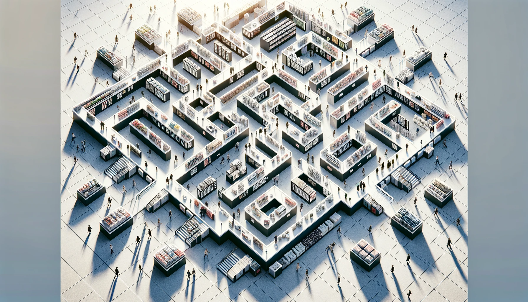 Image of shoppers, overhead view of a large store resembling a maze.