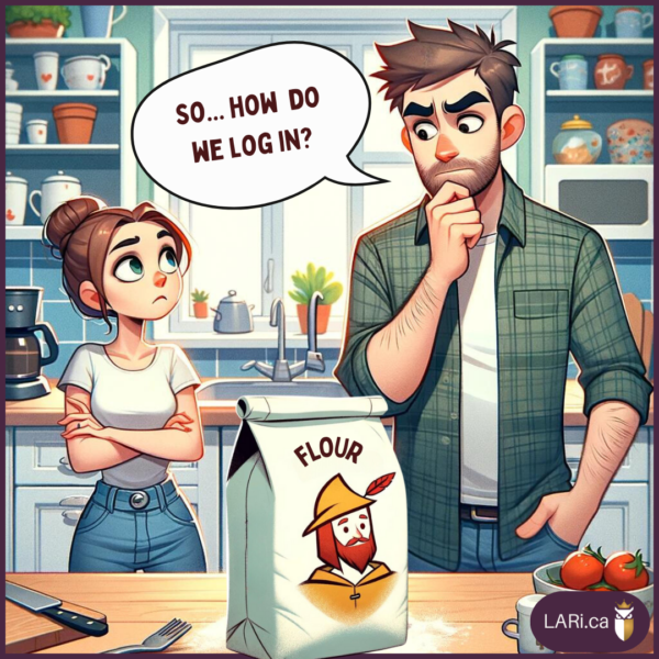 All-Purpose Flour Cartoon: A couple is looking at a bag of flour with a Robin Hood-looking logo. He says to her "So ... how do we log in?"
